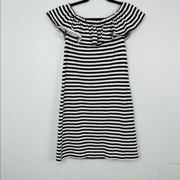 Kate Spade Black & White Striped Ruffle Off-Shoulder Dress - Picture 3 of 4